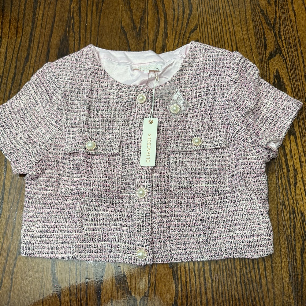 Olivaceous Pink Tweed Jacket with Pearl Accents